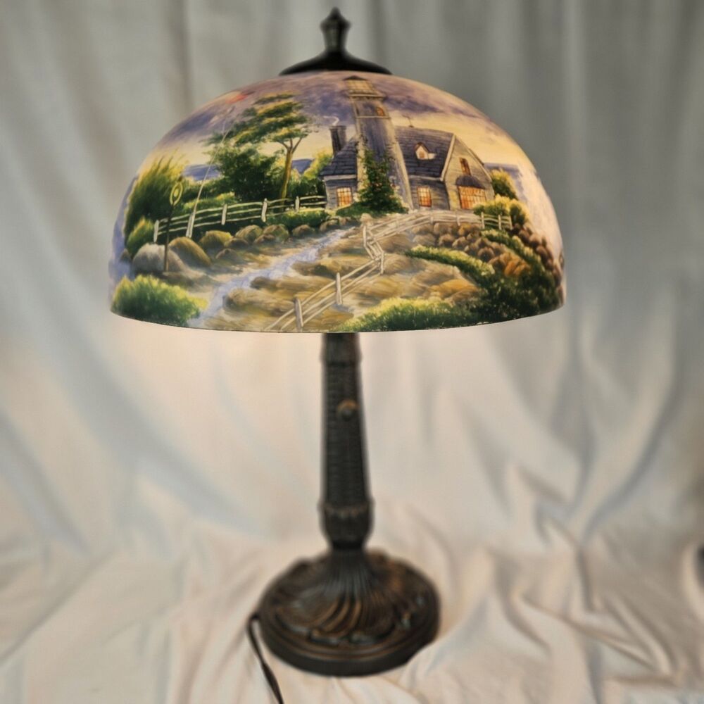 Limited Edition Thomas Kinkade  Reverse Painted Lamp “A Light in the Storm” Auth